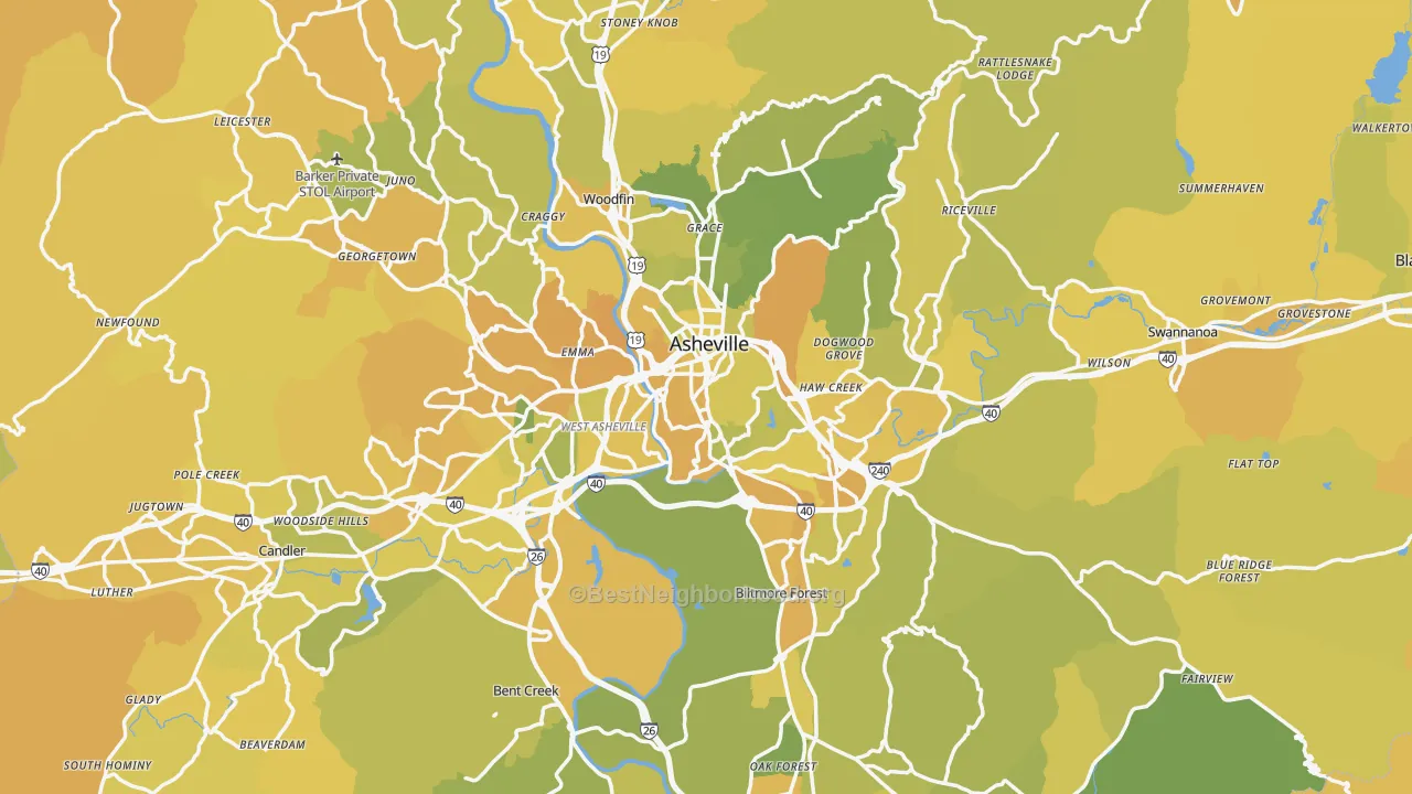 Map of the best neighborhoods in the Buncombe County area, with better matches in green and worse matches in red