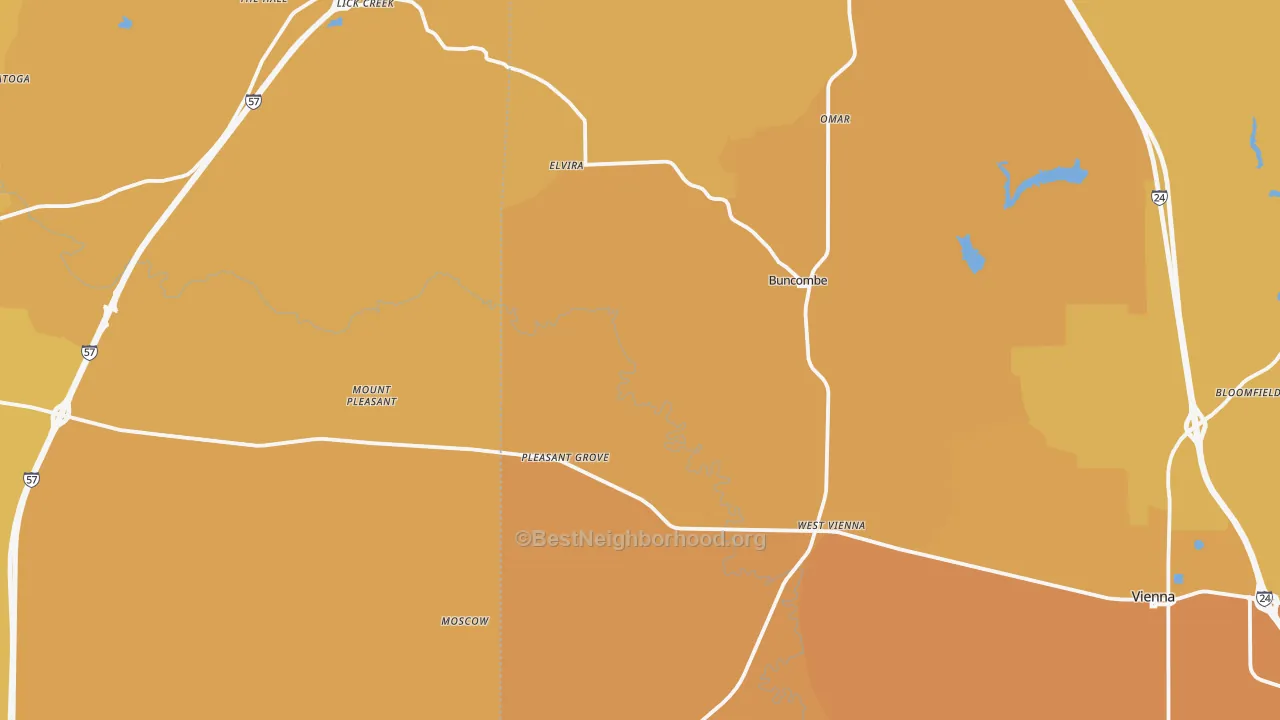 Map of the best neighborhoods in the Buncombe area, with better matches in green and worse matches in red