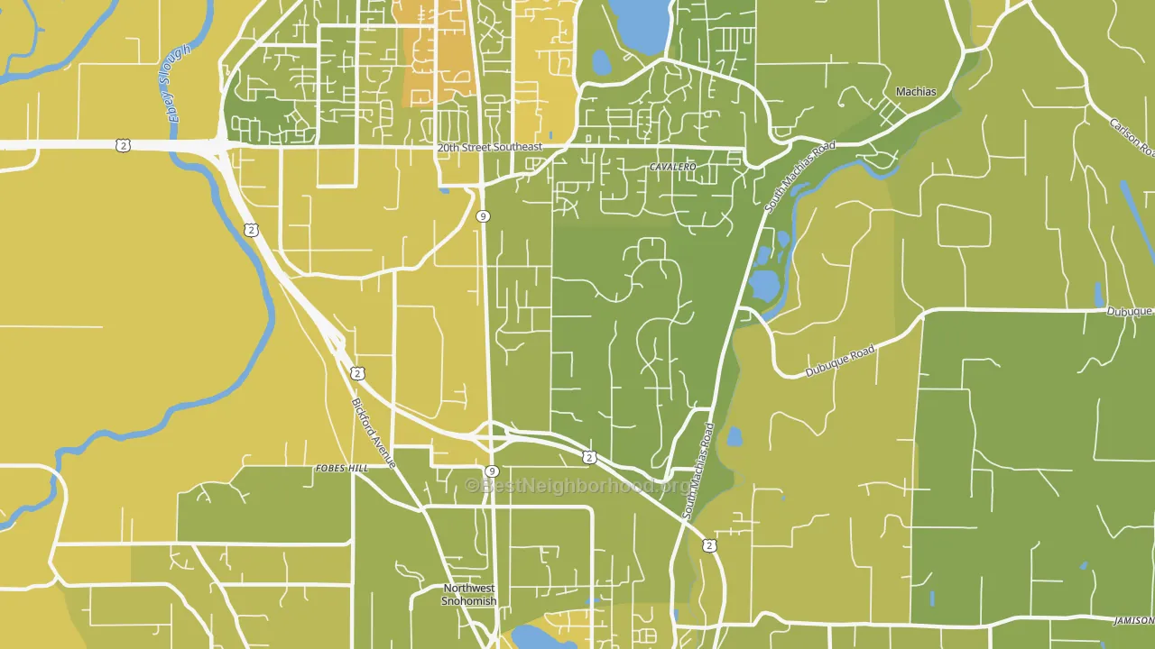 Map of the best neighborhoods in the Bunk Foss area, with better matches in green and worse matches in red