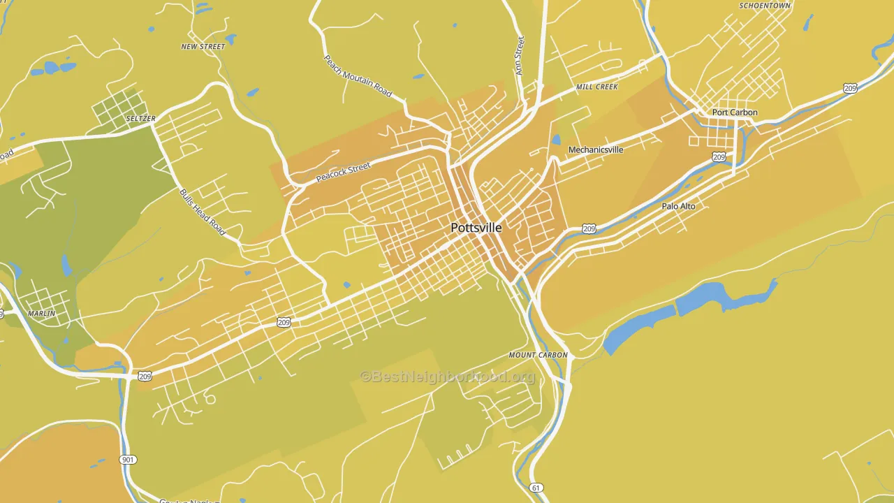Map of the best neighborhoods in the Bunker Hill, Pottsville area, with better matches in green and worse matches in red