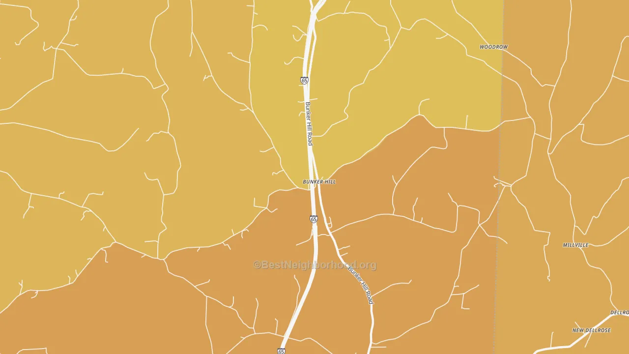Map of the best neighborhoods in the Bunker Hill area, with better matches in green and worse matches in red