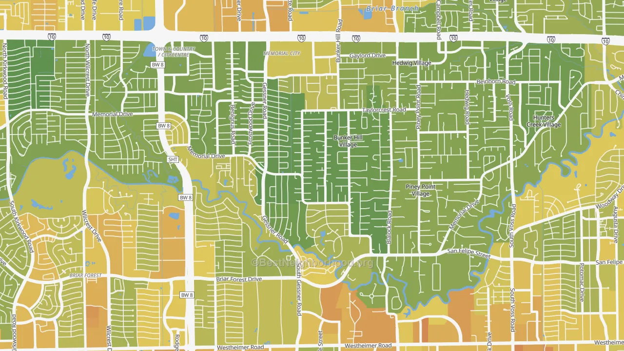 Map of the best neighborhoods in the Bunker Hill Village area, with better matches in green and worse matches in red