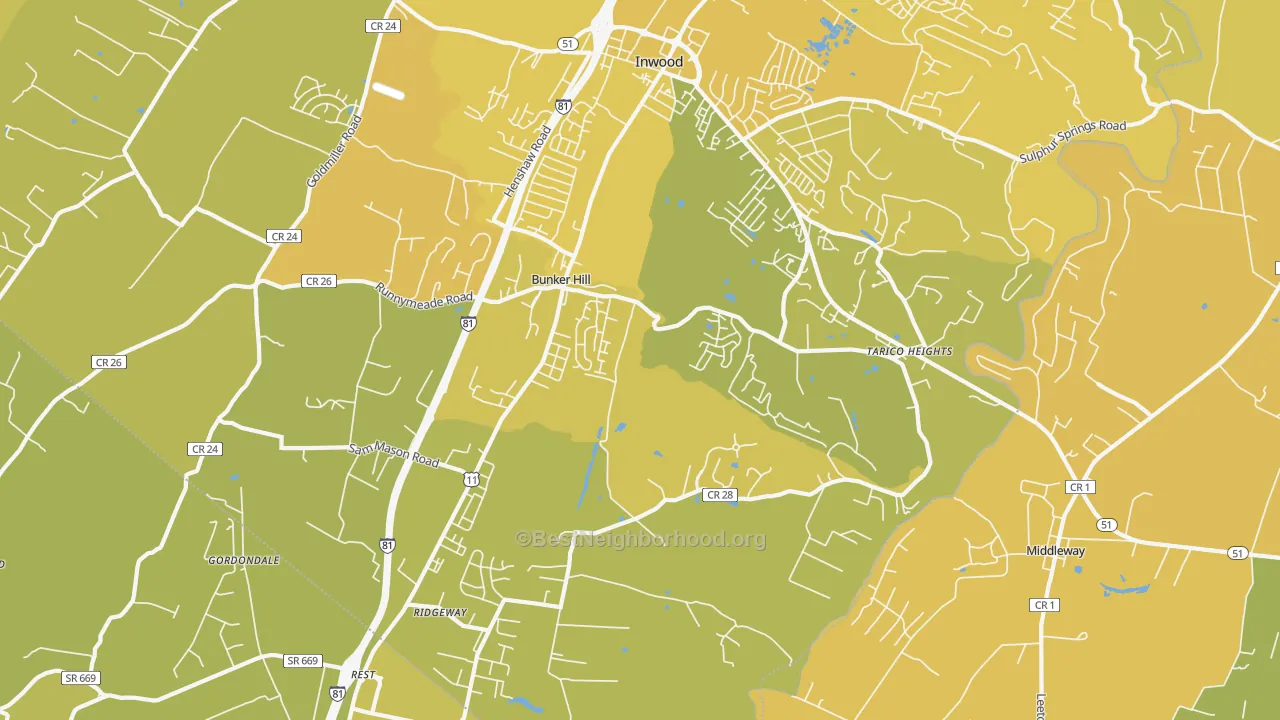 Map of the best neighborhoods in the Bunker Hill area, with better matches in green and worse matches in red