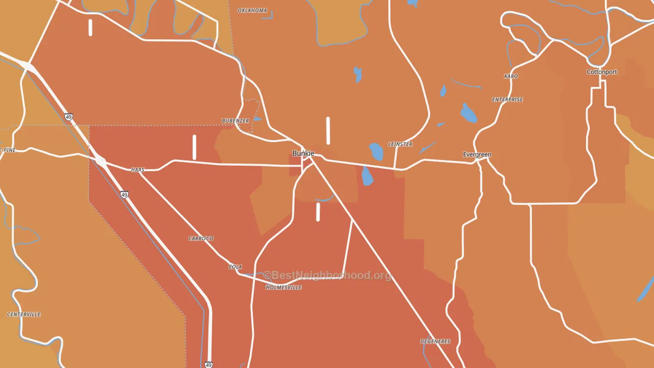 Map of the best neighborhoods in the Bunkie area, with better matches in green and worse matches in red
