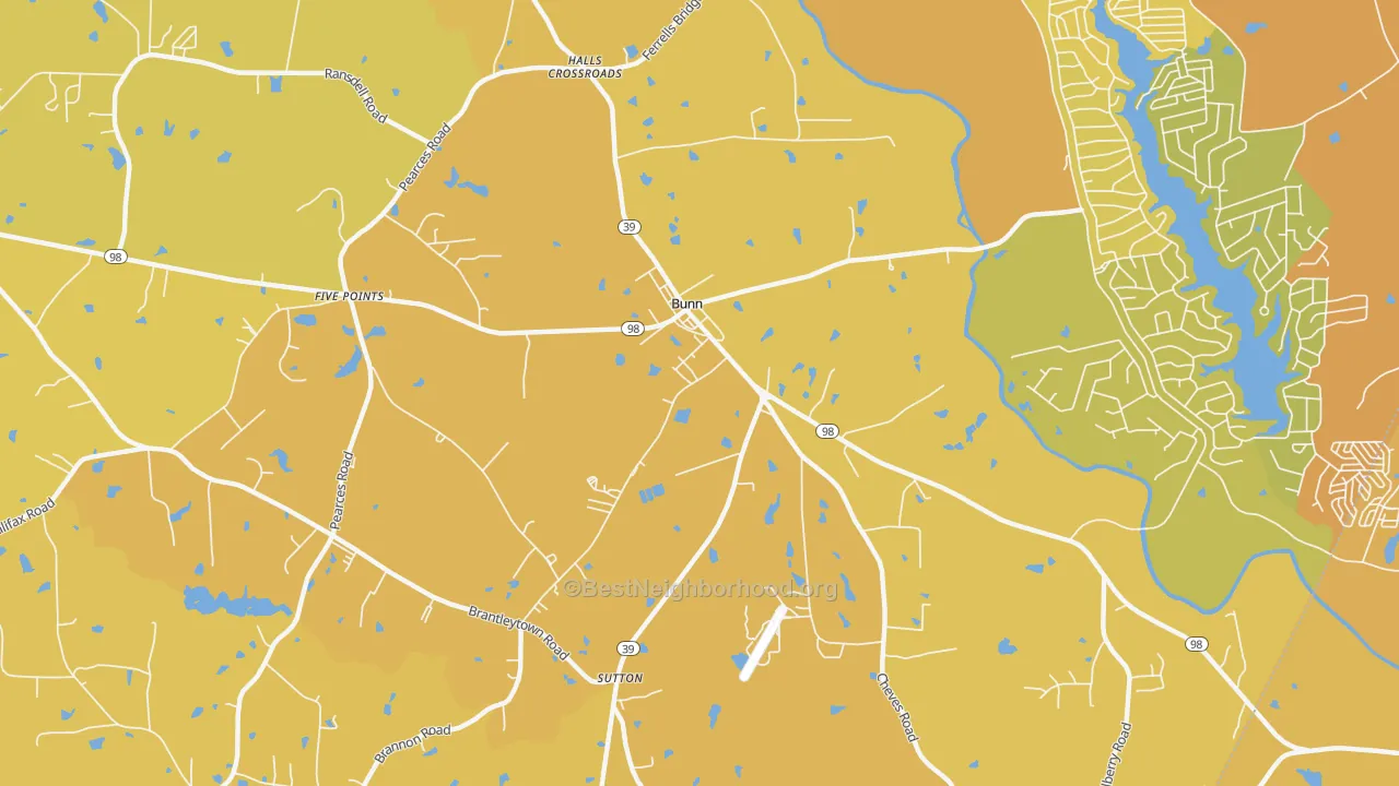 Map of the best neighborhoods in the Bunn area, with better matches in green and worse matches in red