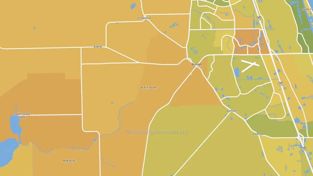 Map of the best neighborhoods in the Bunnell area, with better matches in green and worse matches in red