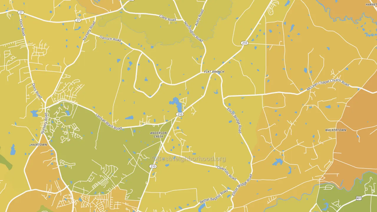 Map of the best neighborhoods in the Bunnlevel area, with better matches in green and worse matches in red