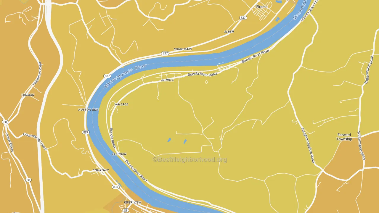 Map of the best neighborhoods in the Bunola area, with better matches in green and worse matches in red