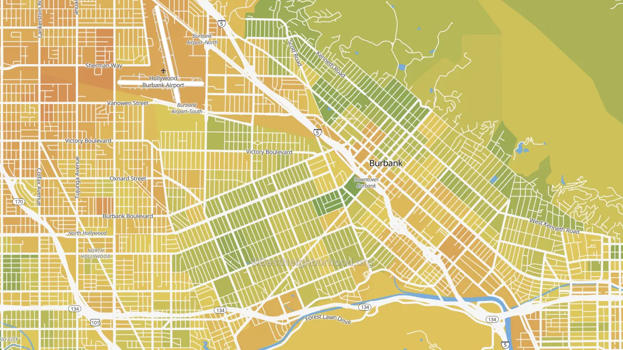 Map of the best neighborhoods in the Burbank area, with better matches in green and worse matches in red