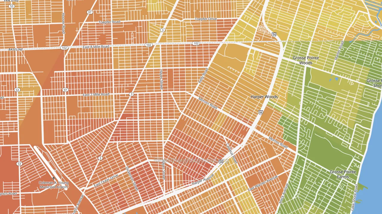 Map of the best neighborhoods in the Burbank, Detroit area, with better matches in green and worse matches in red