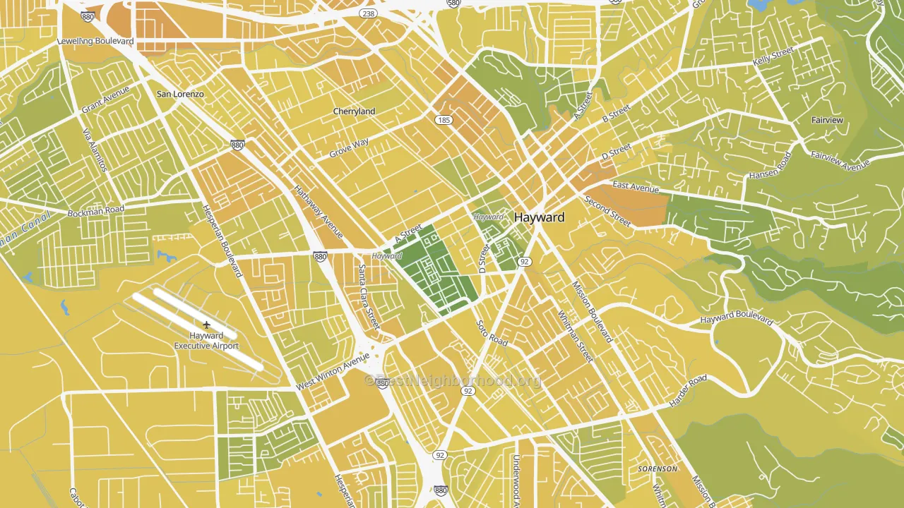 Map of the best neighborhoods in the Burbank-Hayward, Hayward area, with better matches in green and worse matches in red