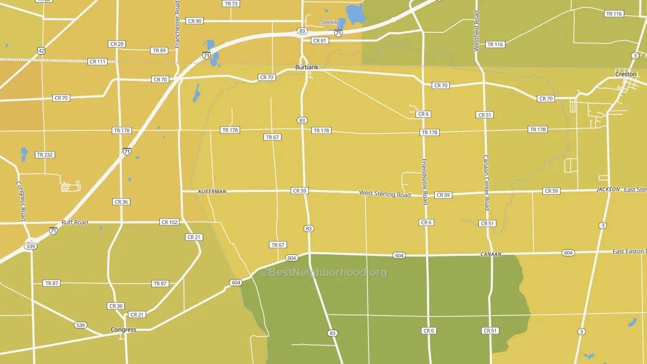 Map of the best neighborhoods in the Burbank area, with better matches in green and worse matches in red