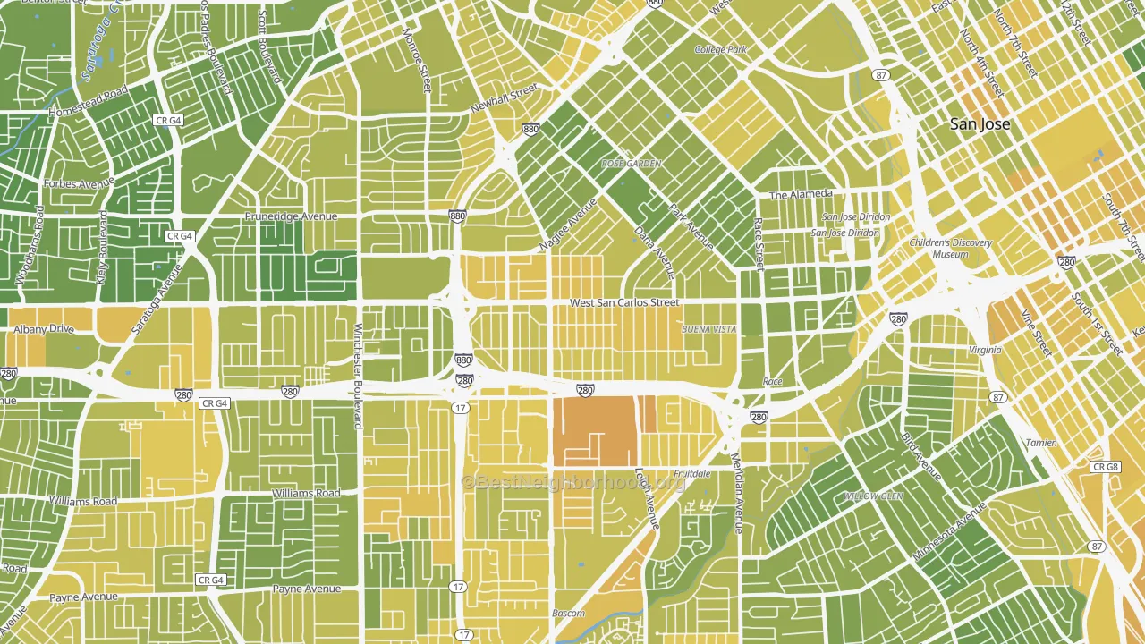 Map of the best neighborhoods in the Burbank, San Jose area, with better matches in green and worse matches in red