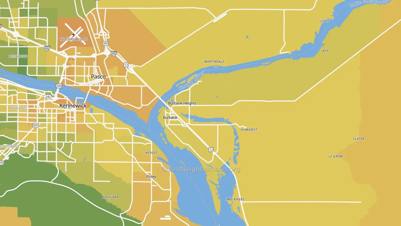 Map of the best neighborhoods in the Burbank area, with better matches in green and worse matches in red