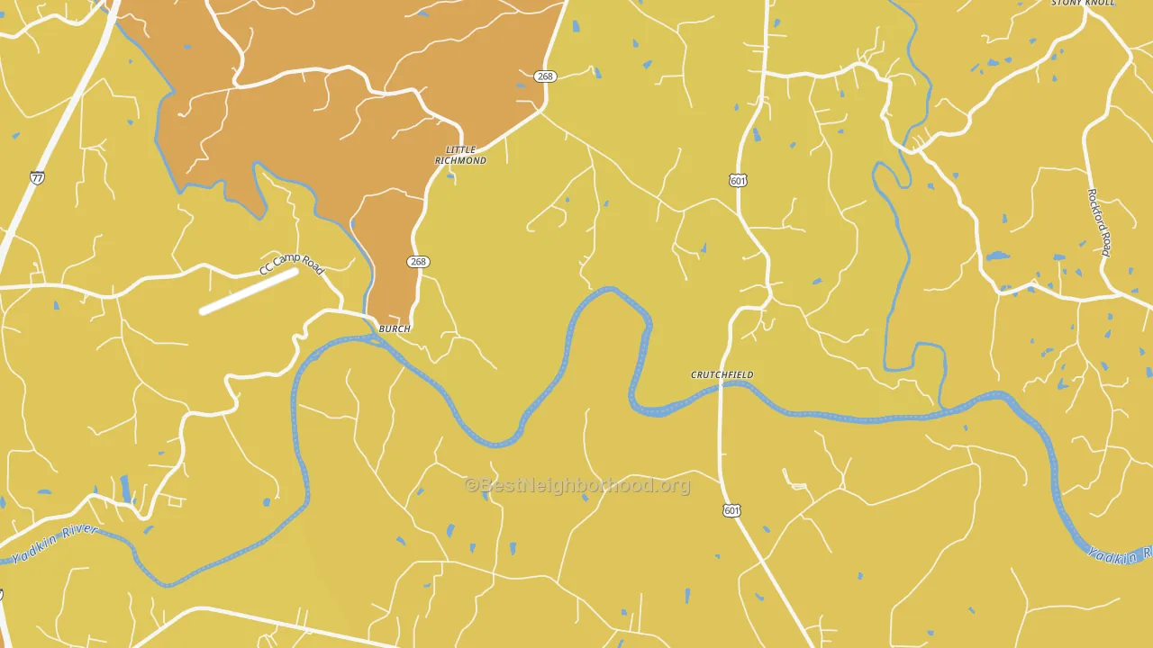 Map of the best neighborhoods in the Burch area, with better matches in green and worse matches in red