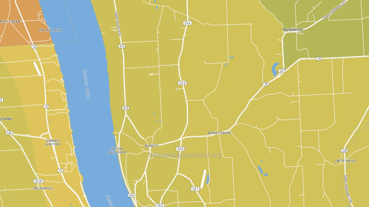 Map of the best neighborhoods in the Burdett area, with better matches in green and worse matches in red