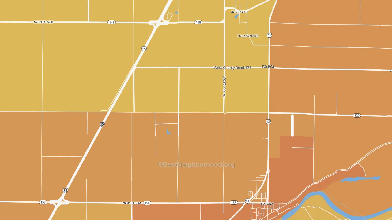 Map of the best neighborhoods in the Burdette area, with better matches in green and worse matches in red