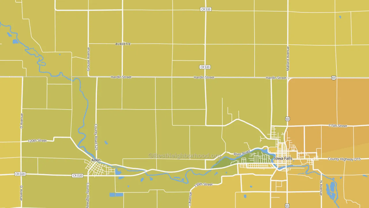 Map of the best neighborhoods in the Burdette area, with better matches in green and worse matches in red
