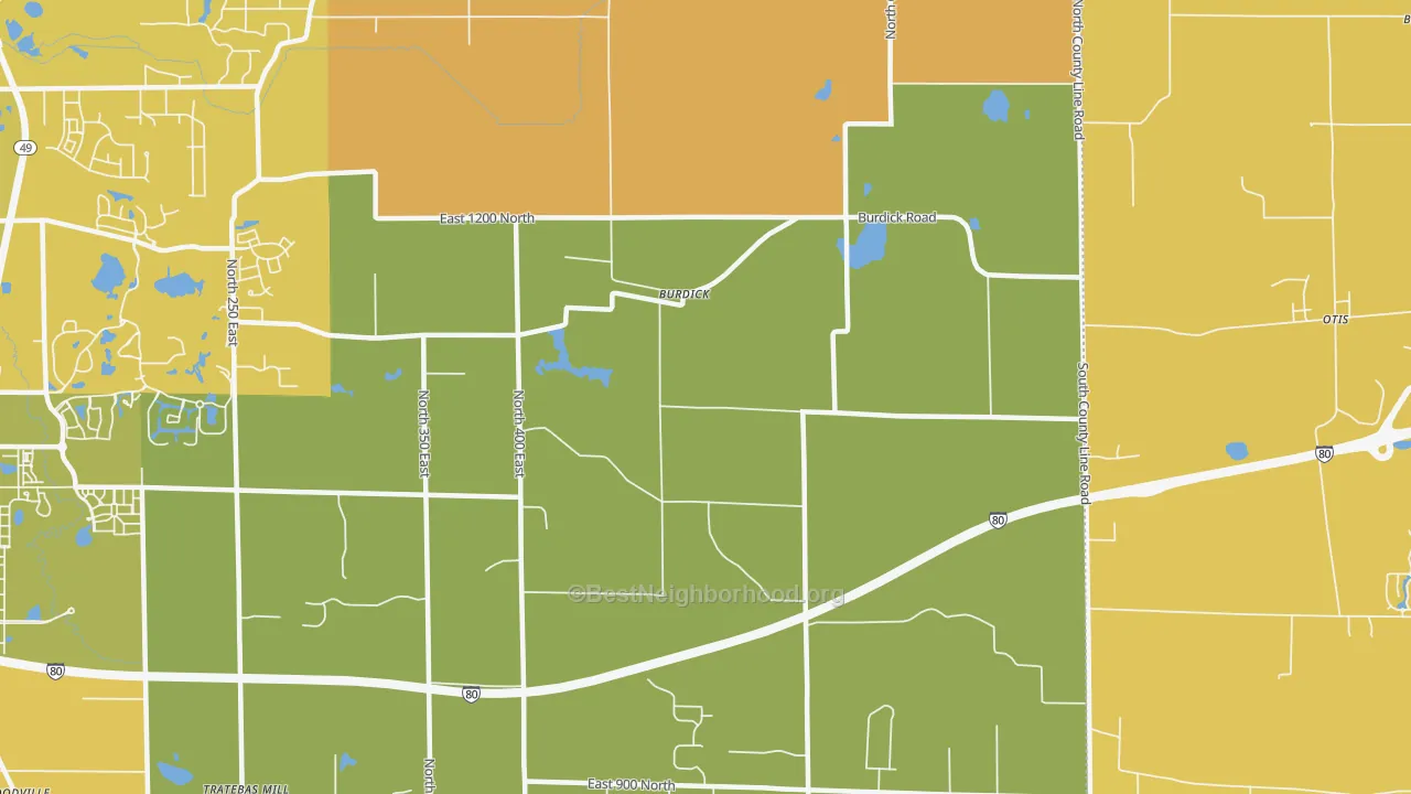 Map of the best neighborhoods in the Burdick area, with better matches in green and worse matches in red
