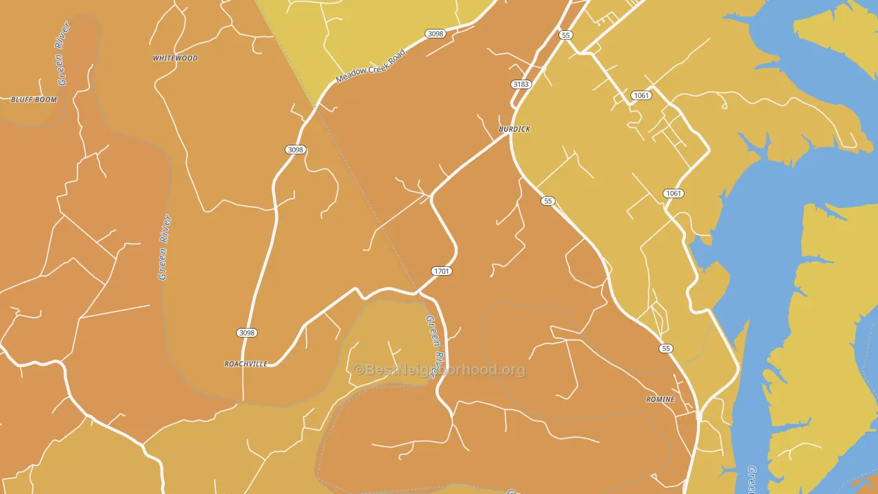 Map of the best neighborhoods in the Burdick area, with better matches in green and worse matches in red