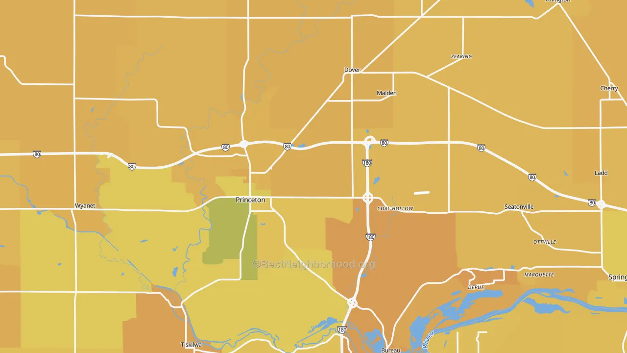 Map of the best neighborhoods in the Bureau County area, with better matches in green and worse matches in red