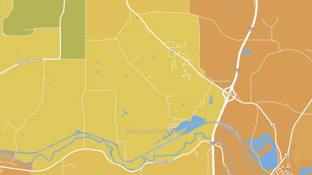Map of the best neighborhoods in the Bureau area, with better matches in green and worse matches in red