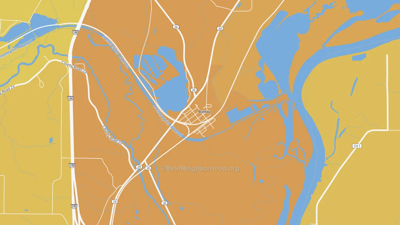 Map of the best neighborhoods in the Bureau Junction area, with better matches in green and worse matches in red