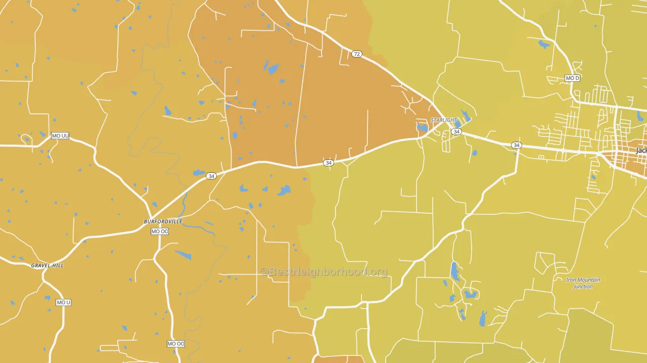 Map of the best neighborhoods in the Burfordville area, with better matches in green and worse matches in red