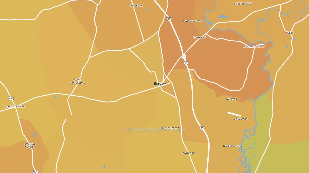 Map of the best neighborhoods in the Burgaw area, with better matches in green and worse matches in red