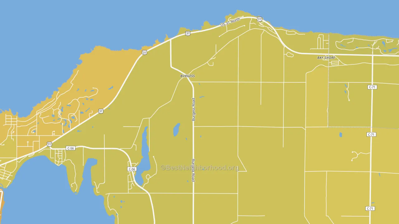 Map of the best neighborhoods in the Burgess area, with better matches in green and worse matches in red
