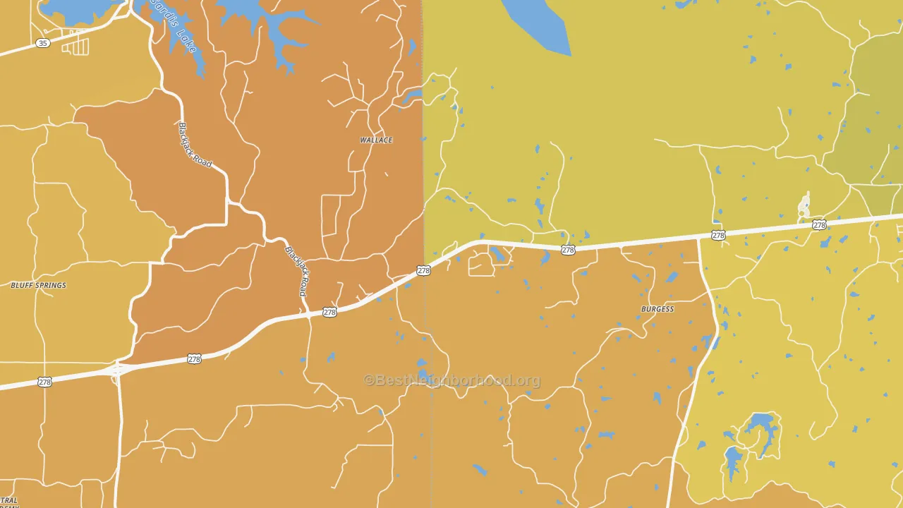 Map of the best neighborhoods in the Burgess area, with better matches in green and worse matches in red