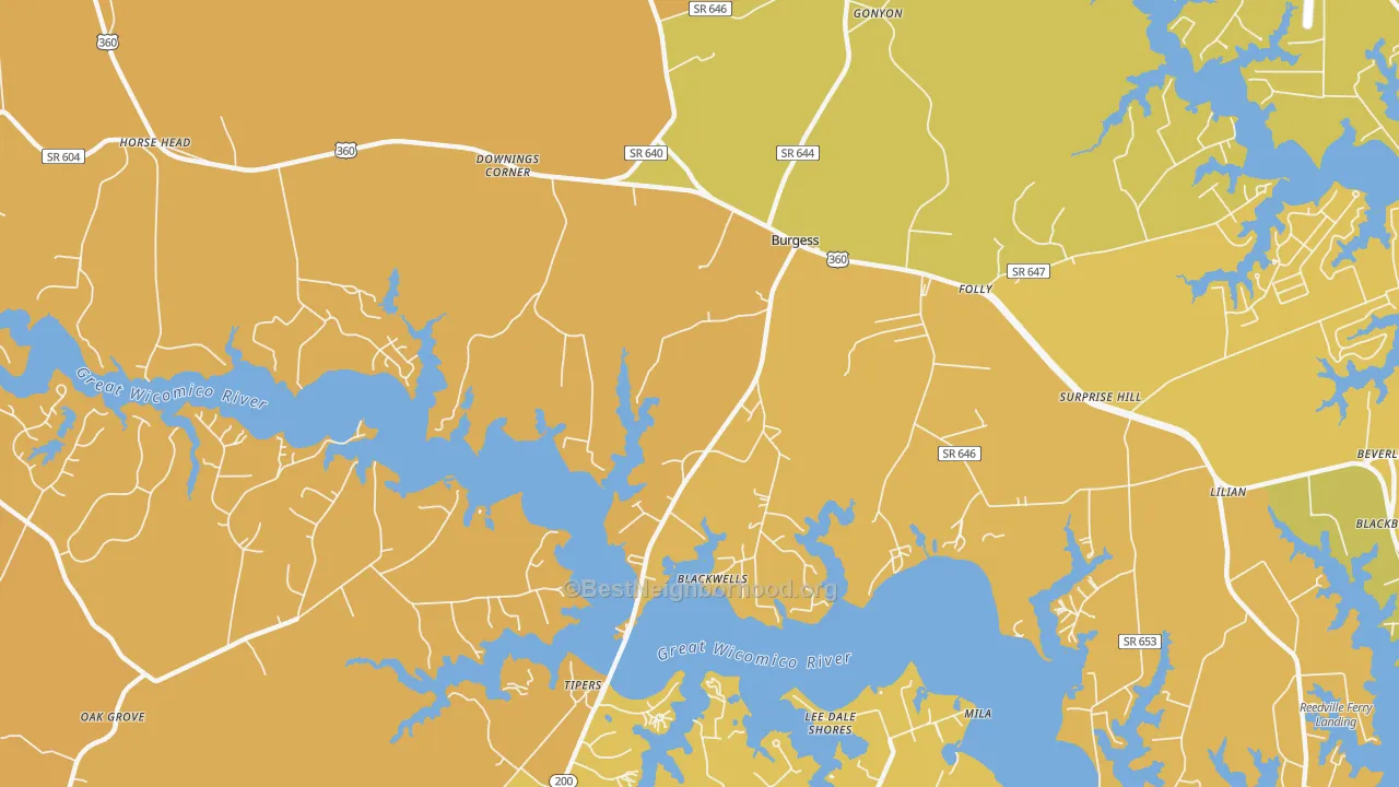 Map of the best neighborhoods in the Burgess area, with better matches in green and worse matches in red