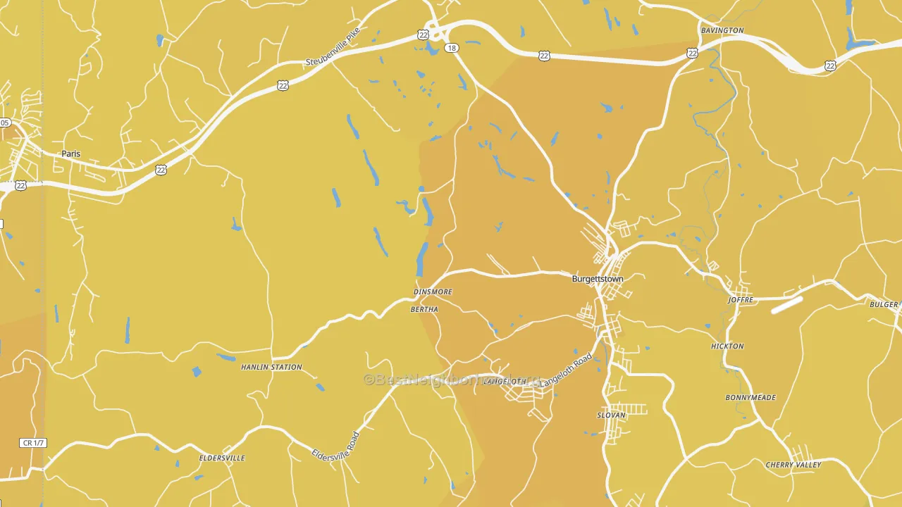 Map of the best neighborhoods in the Burgettstown area, with better matches in green and worse matches in red