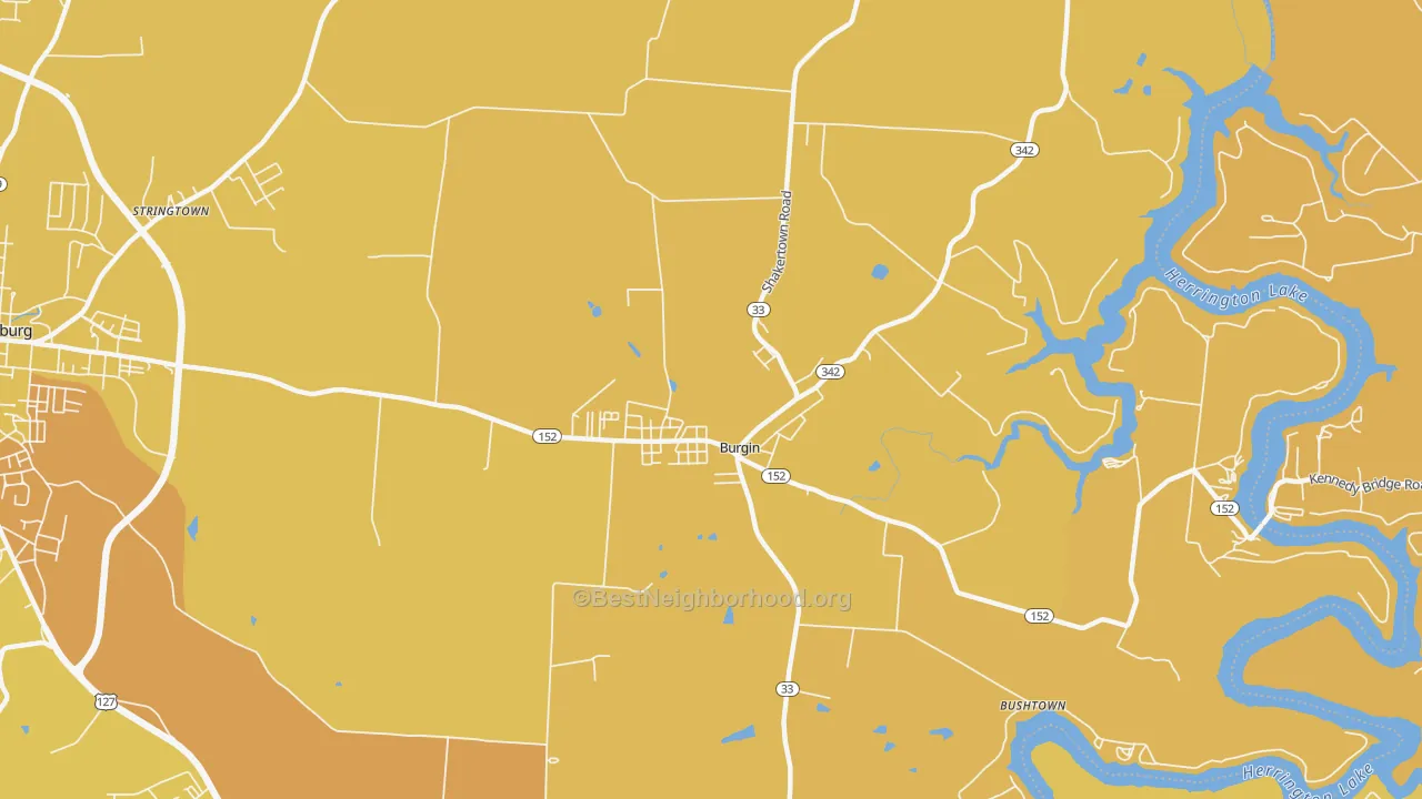 Map of the best neighborhoods in the Burgin area, with better matches in green and worse matches in red