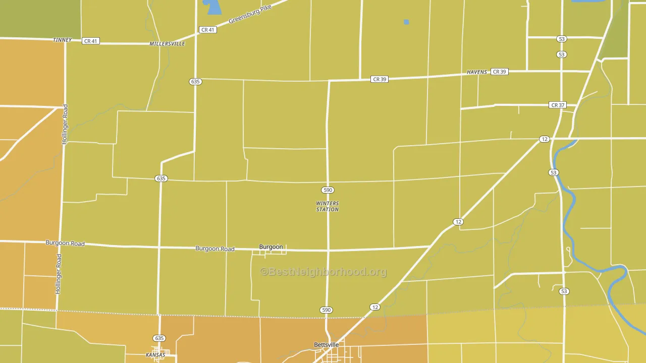 Map of the best neighborhoods in the Burgoon area, with better matches in green and worse matches in red