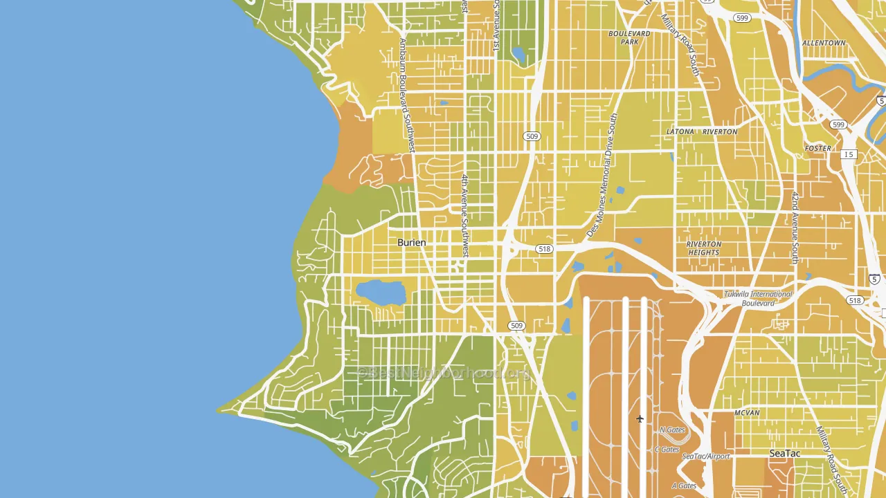 Map of the best neighborhoods in the Burien area, with better matches in green and worse matches in red