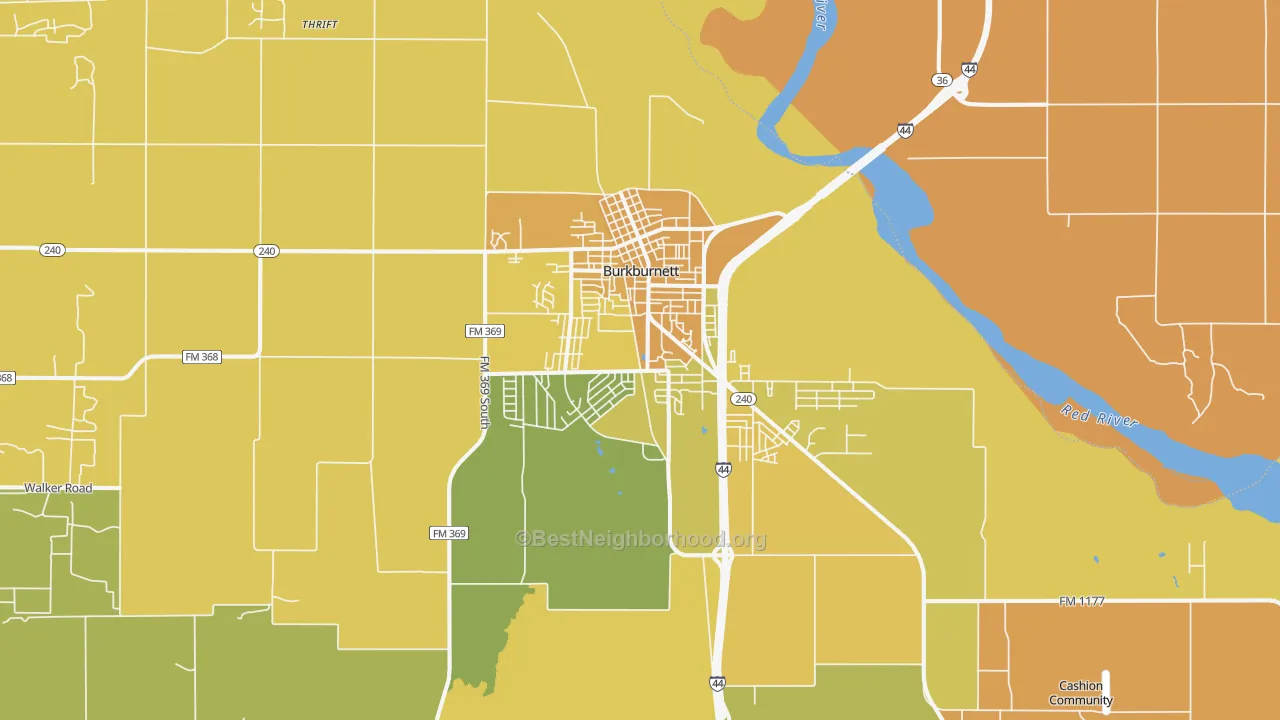 Map of the best neighborhoods in the Burkburnett area, with better matches in green and worse matches in red