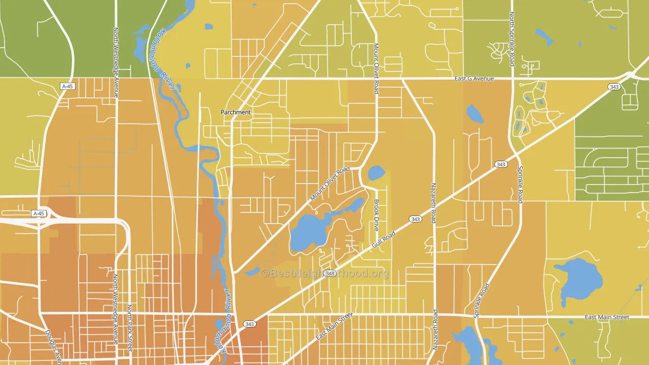 Map of the best neighborhoods in the Burke Acres, Kalamazoo area, with better matches in green and worse matches in red