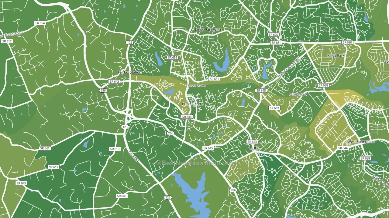 Map of the best neighborhoods in the Burke Centre area, with better matches in green and worse matches in red