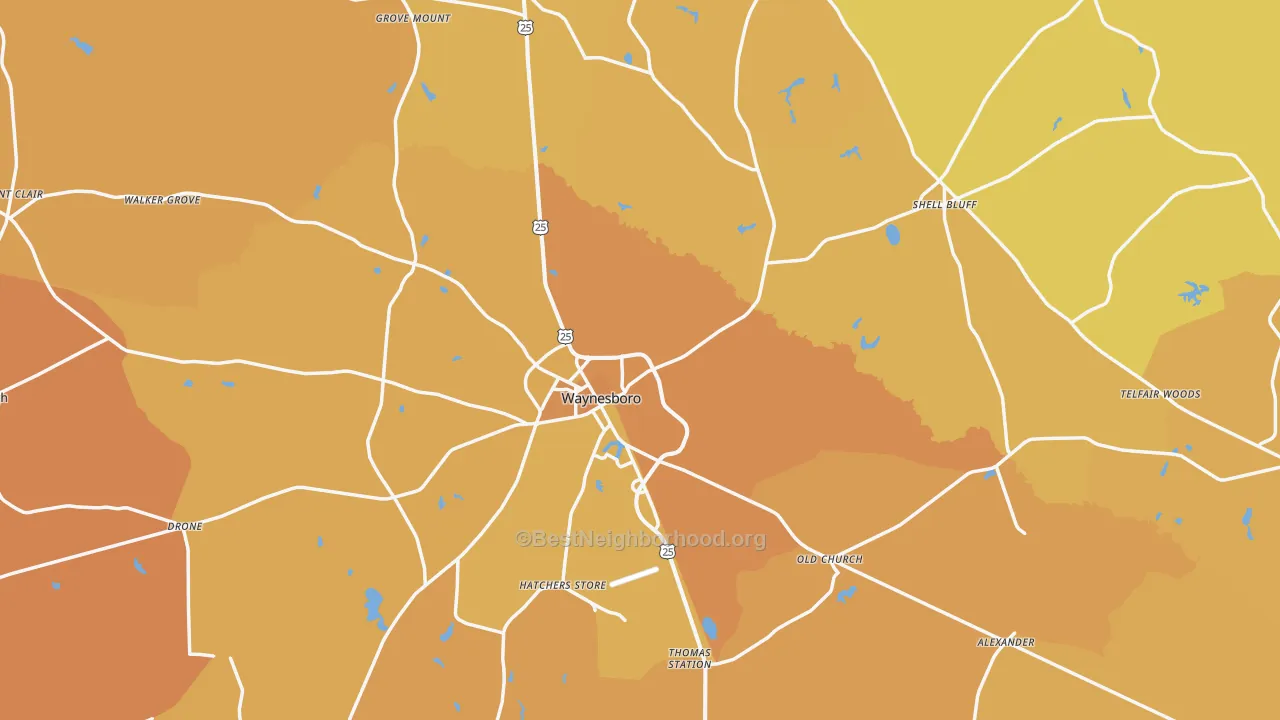 Map of the best neighborhoods in the Burke County area, with better matches in green and worse matches in red