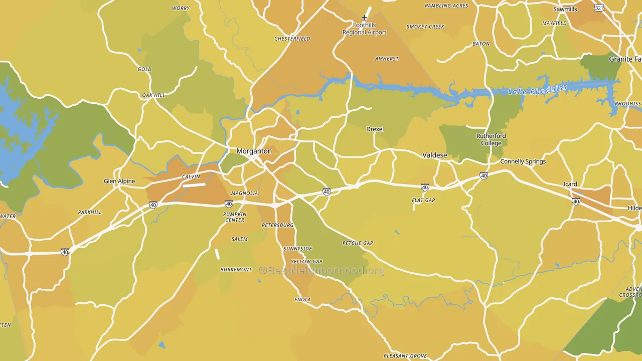 Map of the best neighborhoods in the Burke County area, with better matches in green and worse matches in red