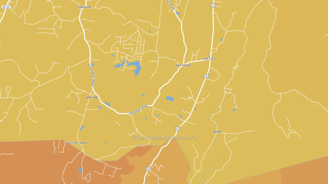 Map of the best neighborhoods in the Burke area, with better matches in green and worse matches in red