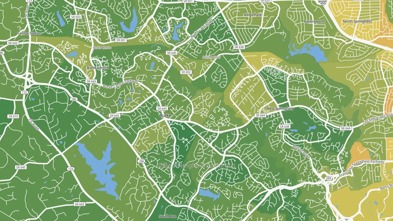 Map of the best neighborhoods in the Burke area, with better matches in green and worse matches in red