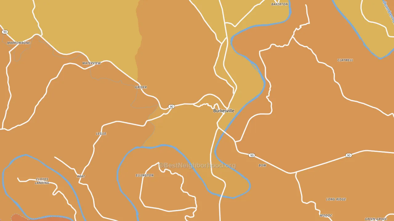 Map of the best neighborhoods in the Burkesville area, with better matches in green and worse matches in red
