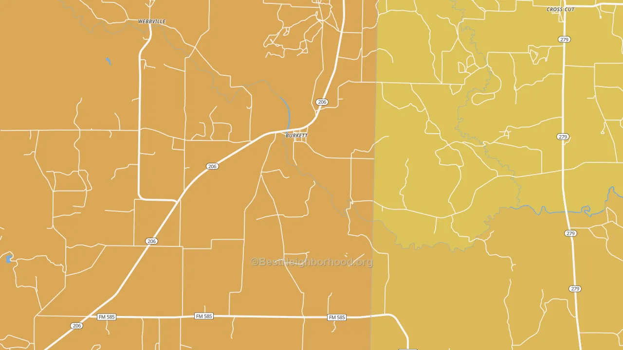 Map of the best neighborhoods in the Burkett area, with better matches in green and worse matches in red