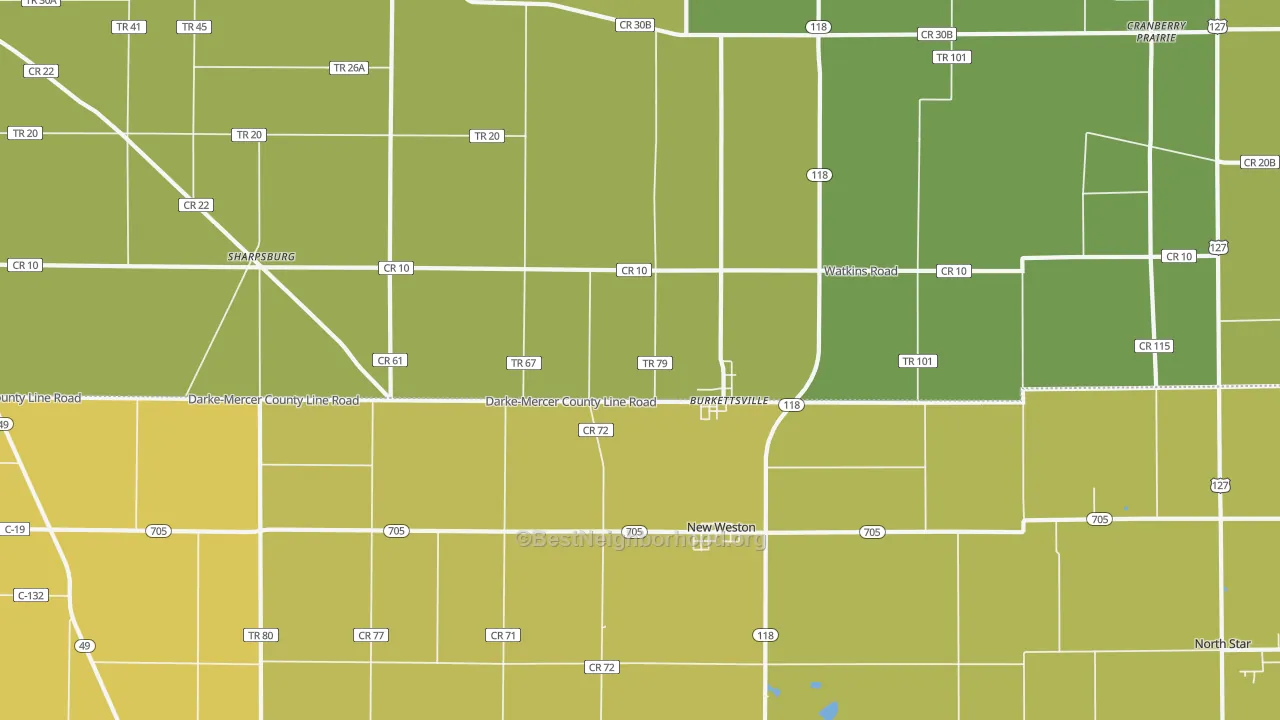 Map of the best neighborhoods in the Burkettsville area, with better matches in green and worse matches in red