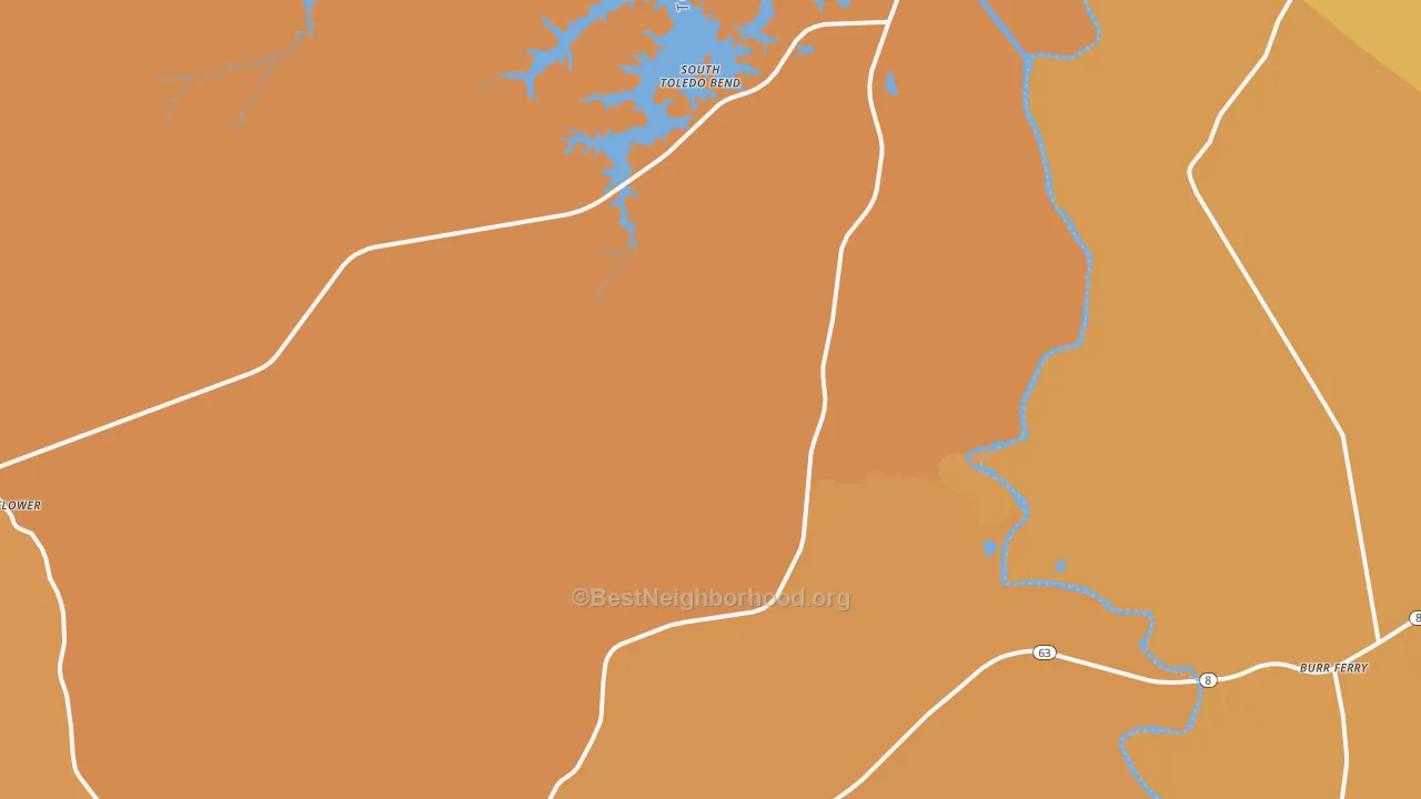 Map of the best neighborhoods in the Burkeville area, with better matches in green and worse matches in red