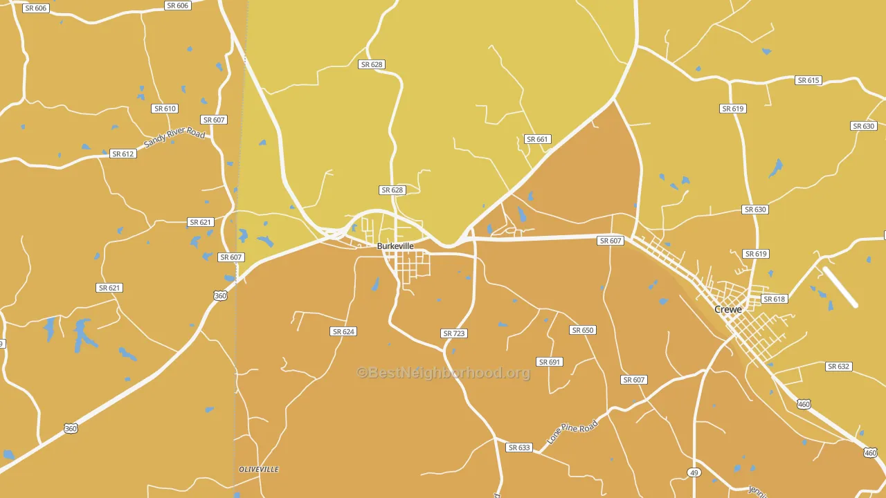 Map of the best neighborhoods in the Burkeville area, with better matches in green and worse matches in red