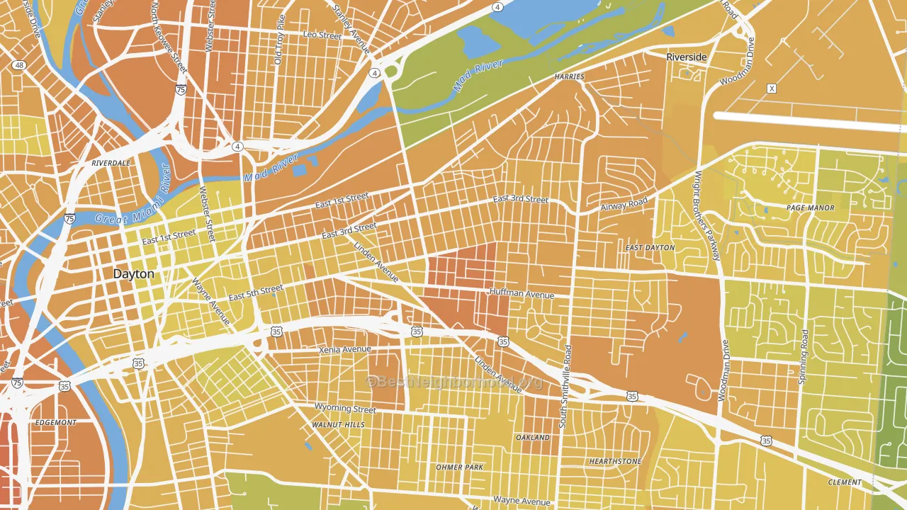 Map of the best neighborhoods in the Burkhardt, Dayton area, with better matches in green and worse matches in red