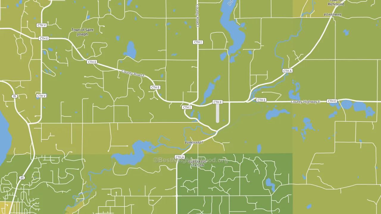 Map of the best neighborhoods in the Burkhardt area, with better matches in green and worse matches in red